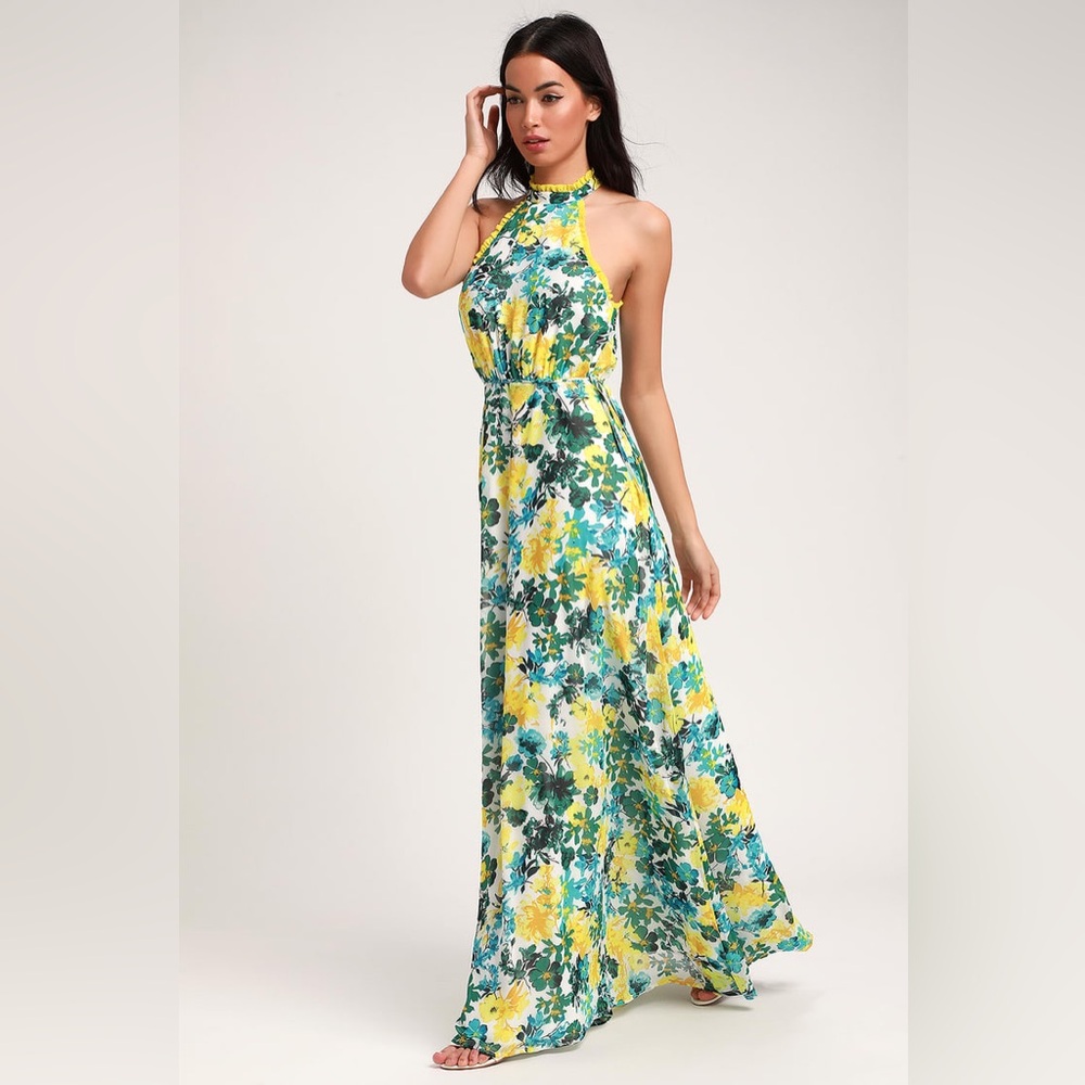 NWT Lulus What a‎ Wonder White Floral Print Halter Maxi Dress